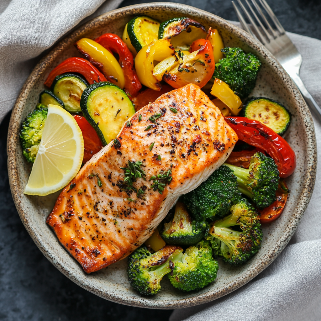 Air fryer salmon served with roasted vegetables on stoneware plate