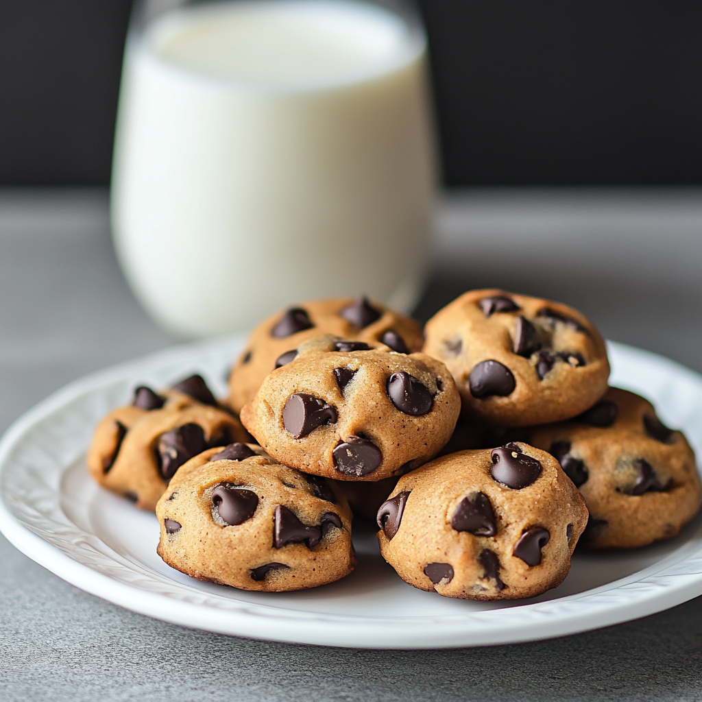 Peanut Butter Chocolate Chip Bites served with a glass of milk