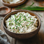 Vegan cottage cheese in rustic kitchen setting
