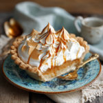 Butterscotch pie on rustic wooden table