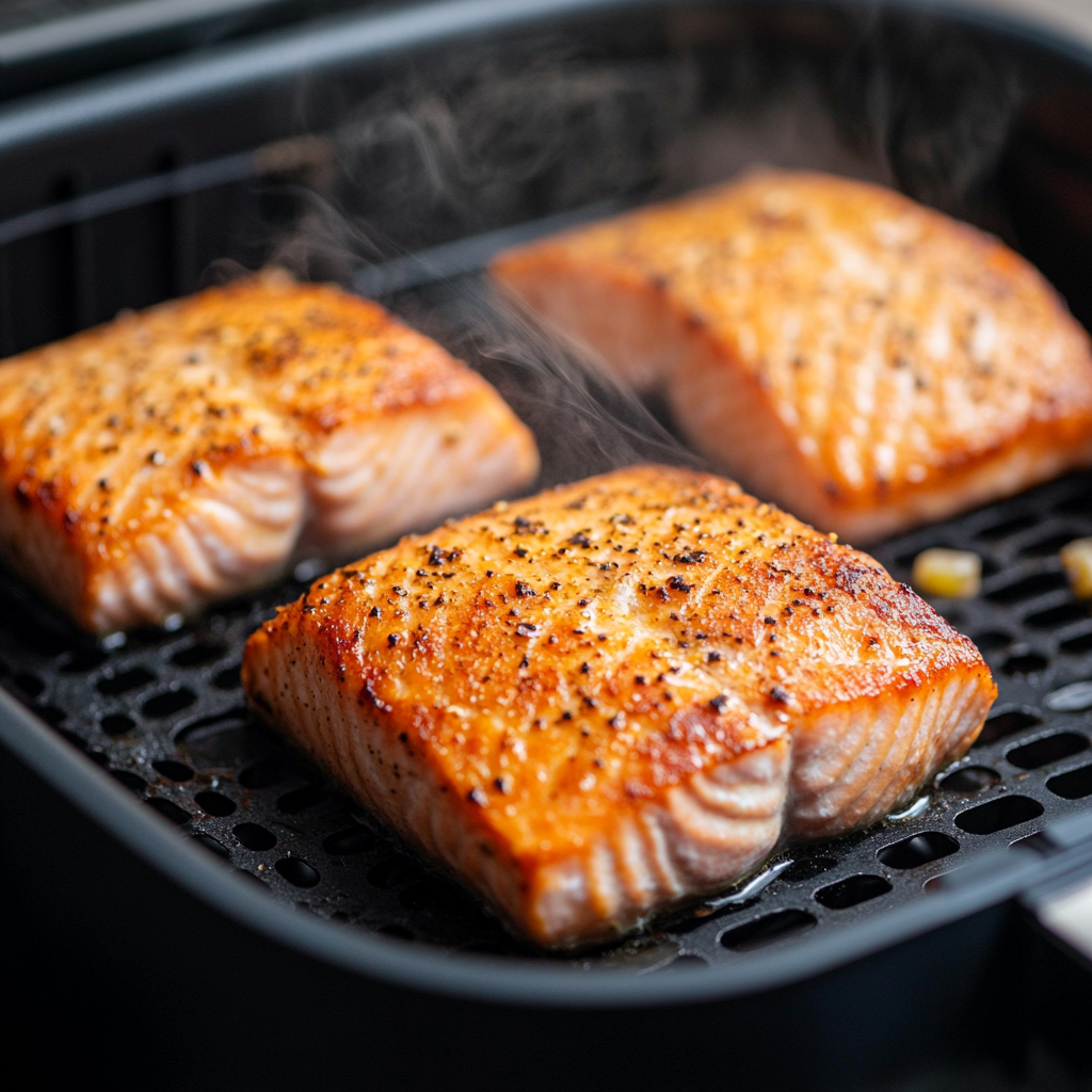 Salmon fillets cooking in air fryer with golden crust