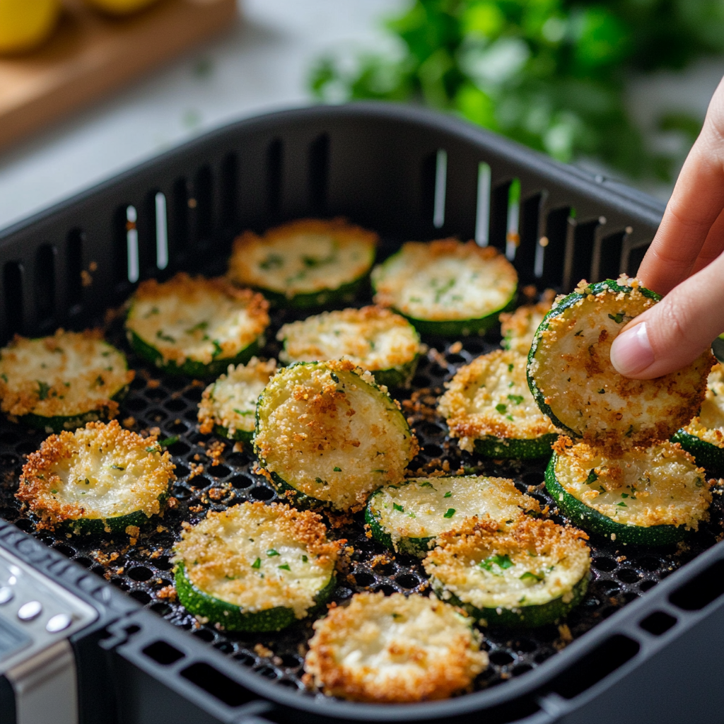 Breaded zucchini slices ready for air frying