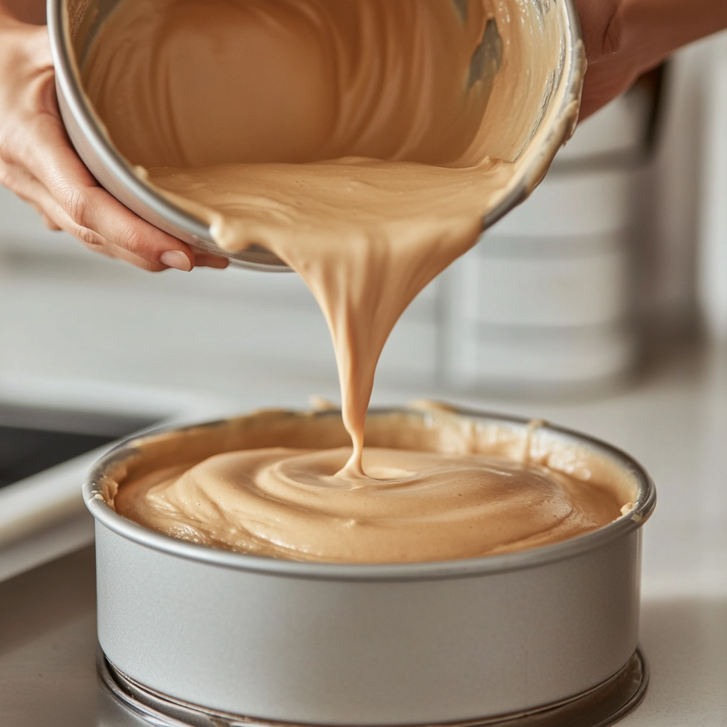 Pouring Persian Date Cake batter into pan