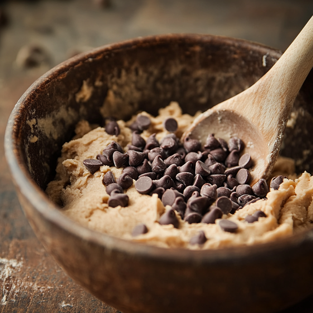 Cookie dough for peanut butter chocolate chip bites in a mixing bowl