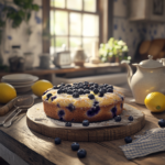 Blueberry Buttermilk Breakfast Cake on rustic kitchen counter