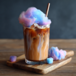 cotton candy iced coffee served in a clear glass