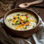 baked potato soup served in a rustic kitchen setting