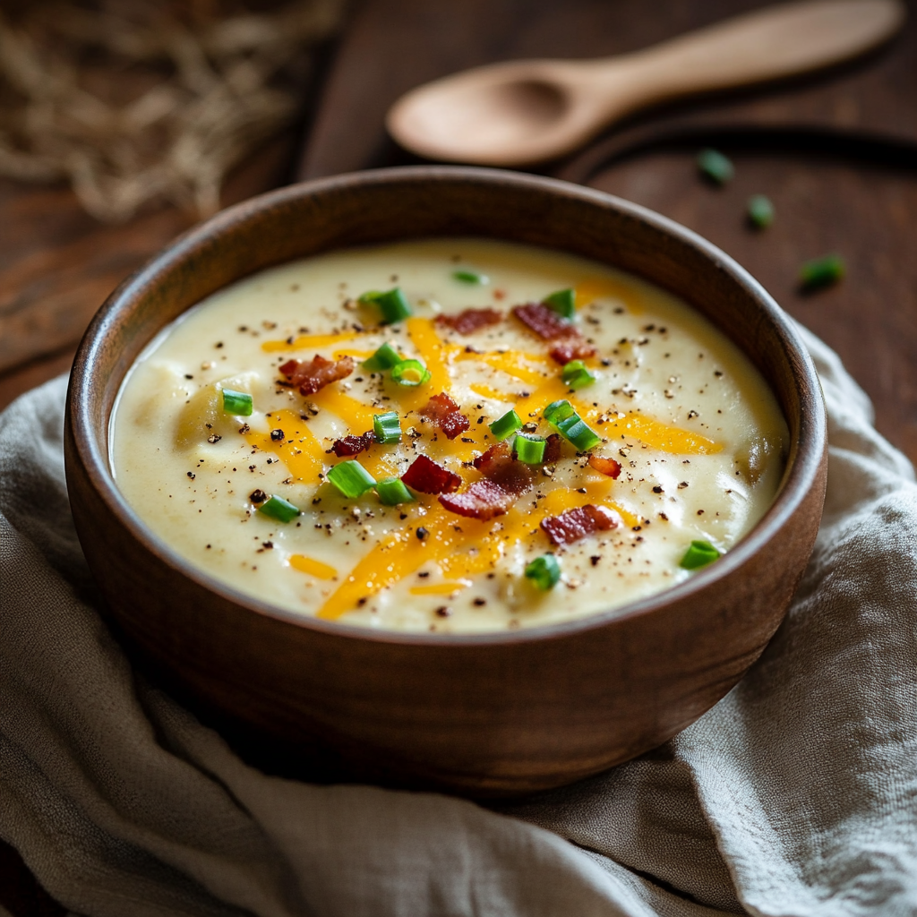 baked potato soup served in a rustic kitchen setting