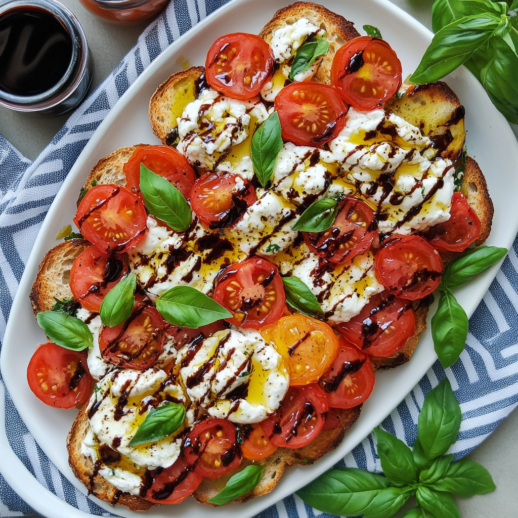 Burrata bruschetta served on elegant platter