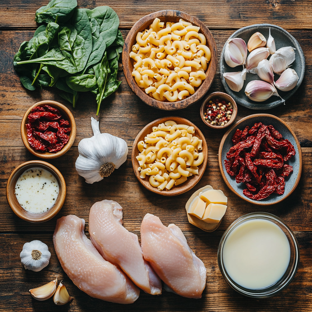 Ingredients for Tuscan Chicken Bake with Macaroni