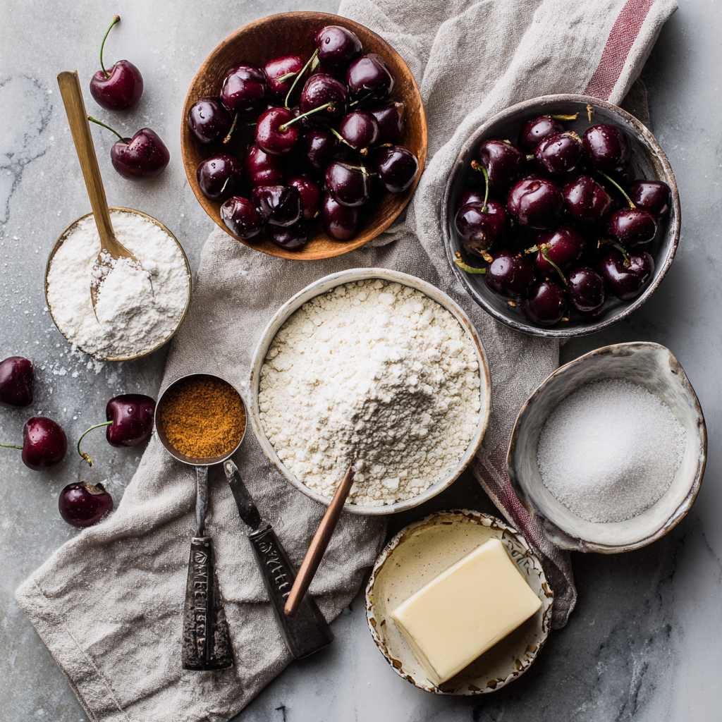 Cherry Crumb Pie ingredients laid out on kitchen counter with vintage tools
