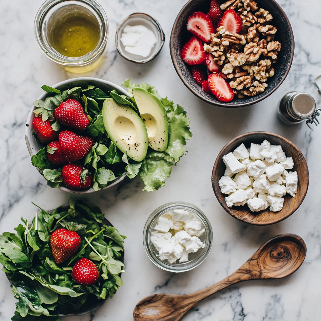 Ingredients for making Strawberry Crunch Salad with champagne vinaigrette