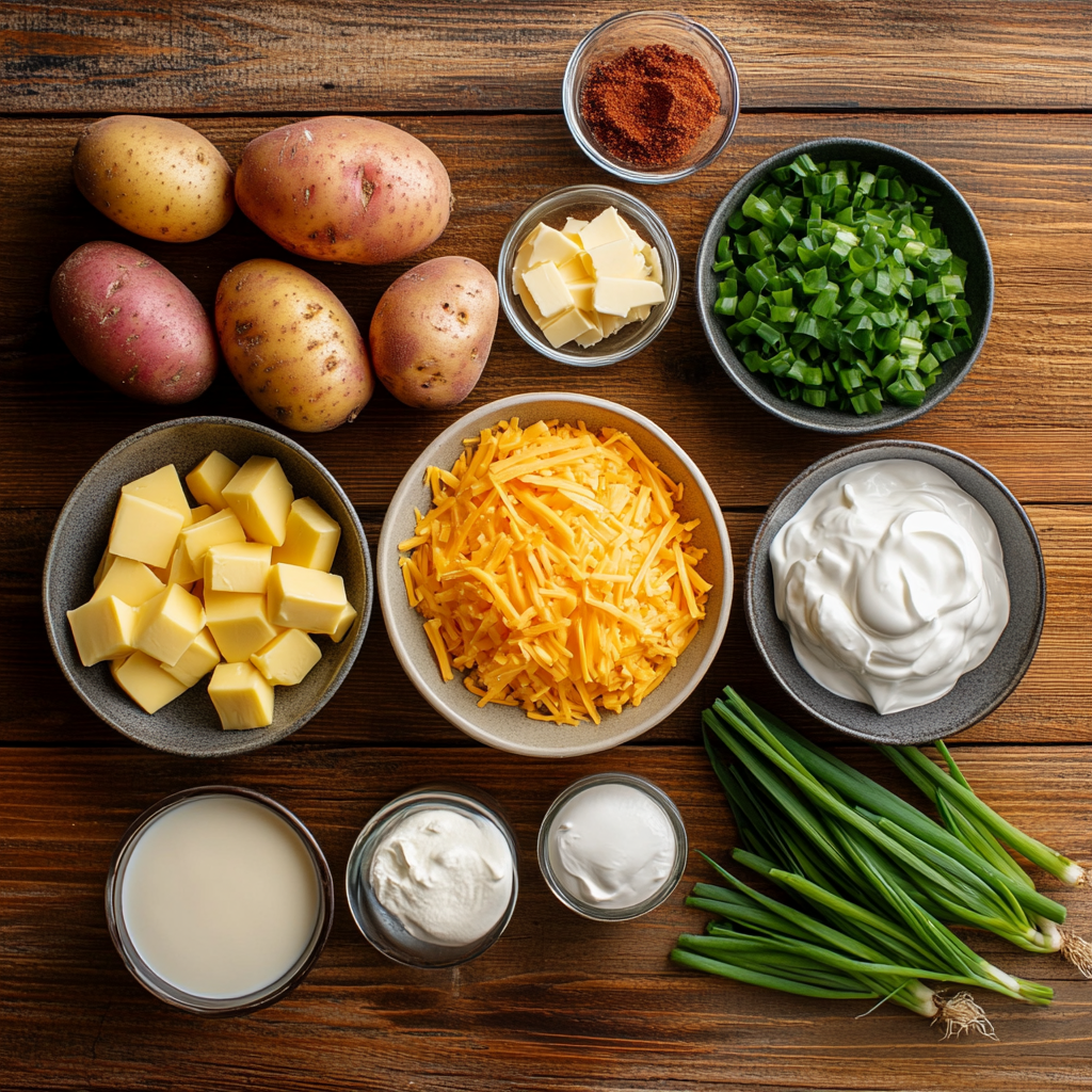 ingredients for baked potato soup on a wooden table