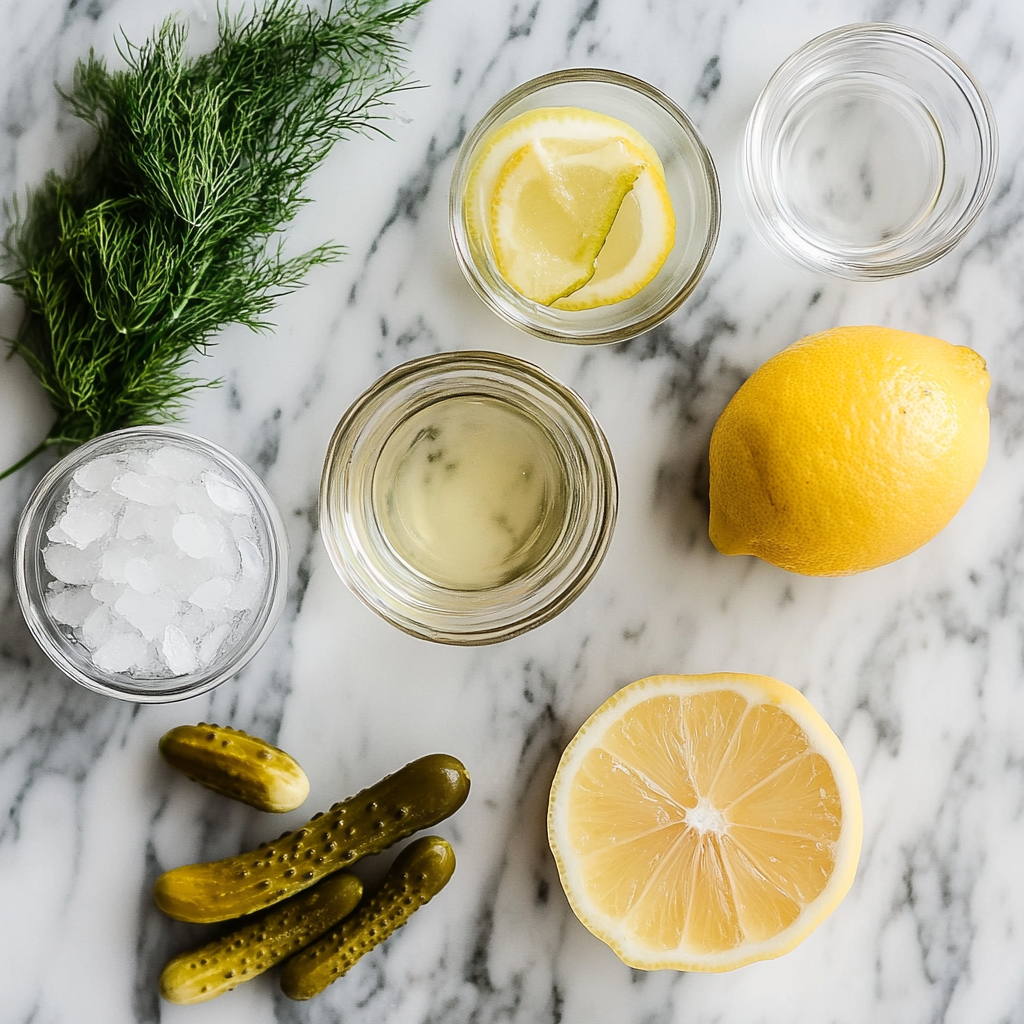 Ingredients for pickle lemonade mocktail on countertop
