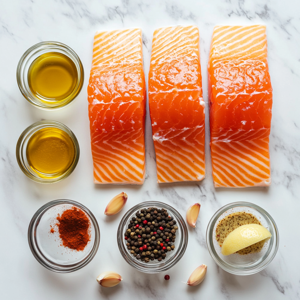 Ingredients for air fryer salmon including spices, oil, and lemon