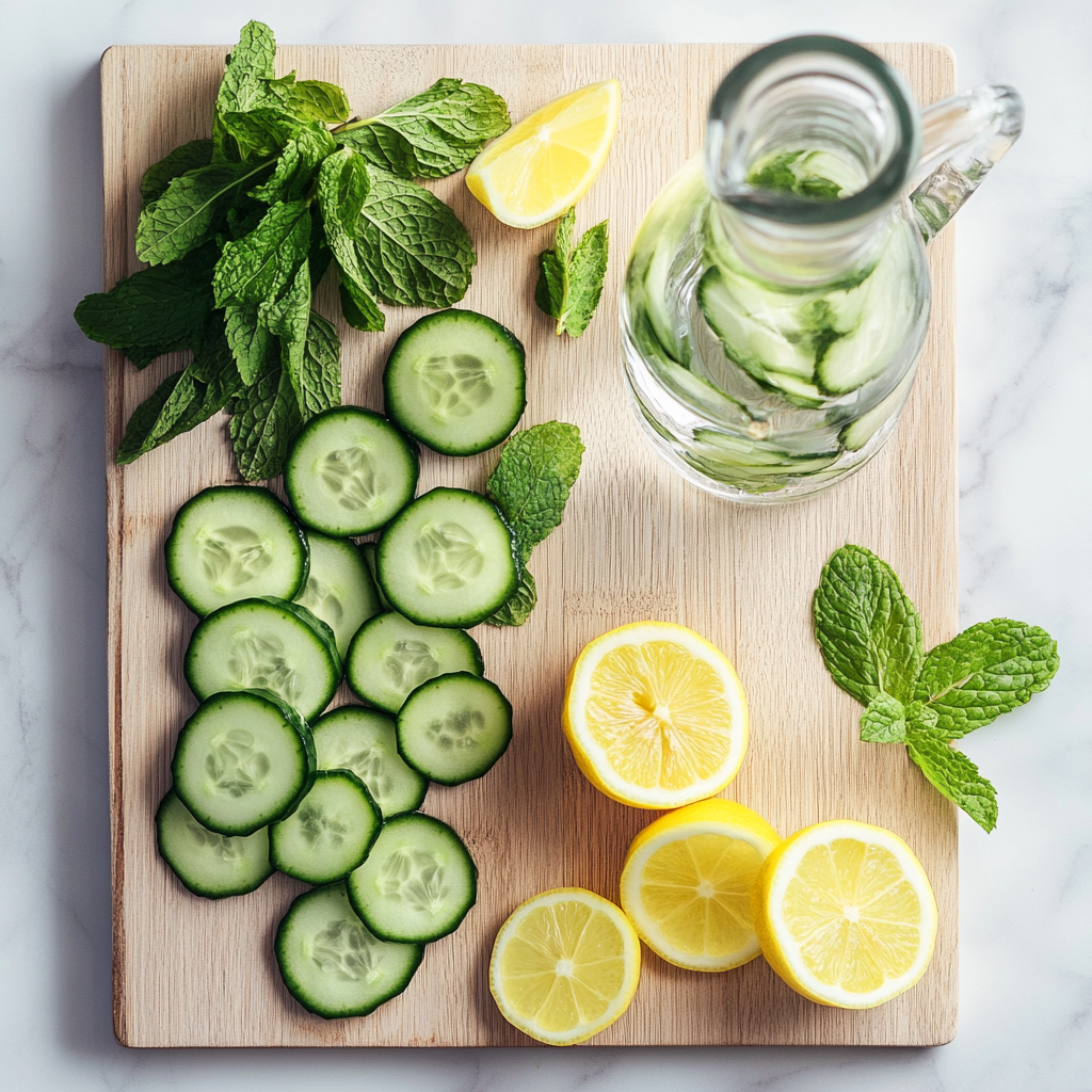 cucumber mint detox ingredients flat lay