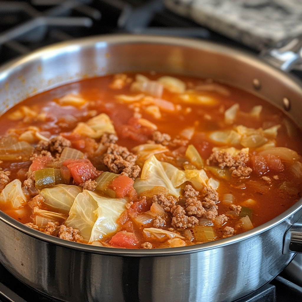 cabbage roll soup cooking on stove