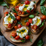 Burrata Bruschetta on toasted bread with tomatoes and basil