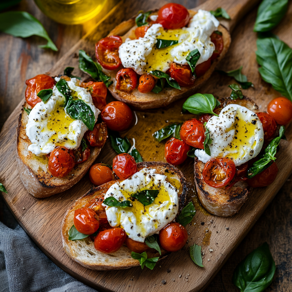 Burrata Bruschetta on toasted bread with tomatoes and basil
