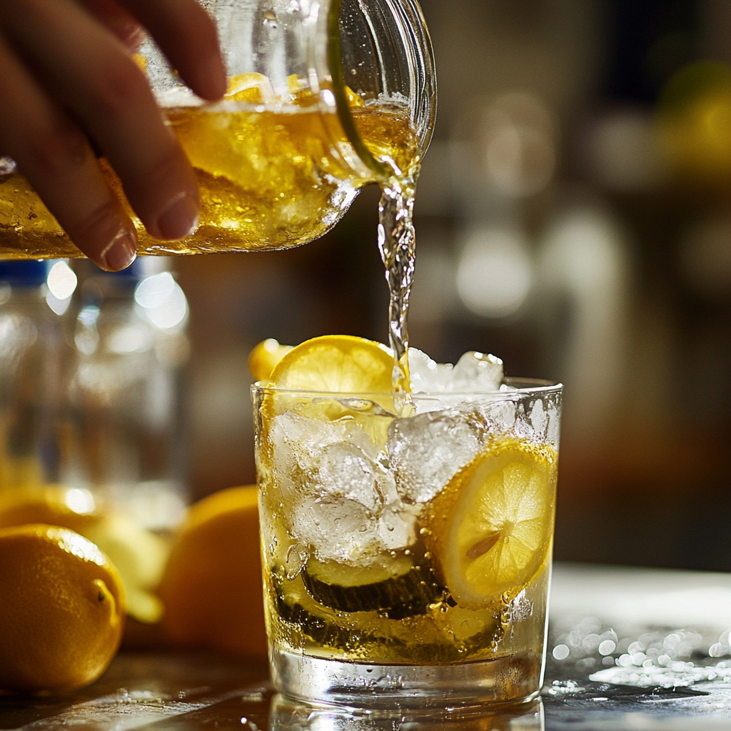 Pouring lemon juice and pickle brine into glass