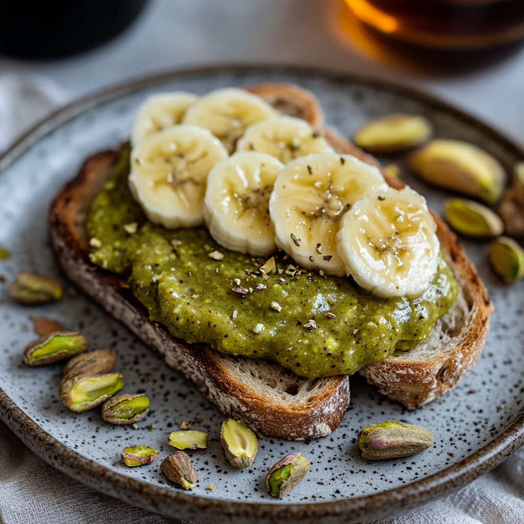 Pistachio butter on toast with banana and honey