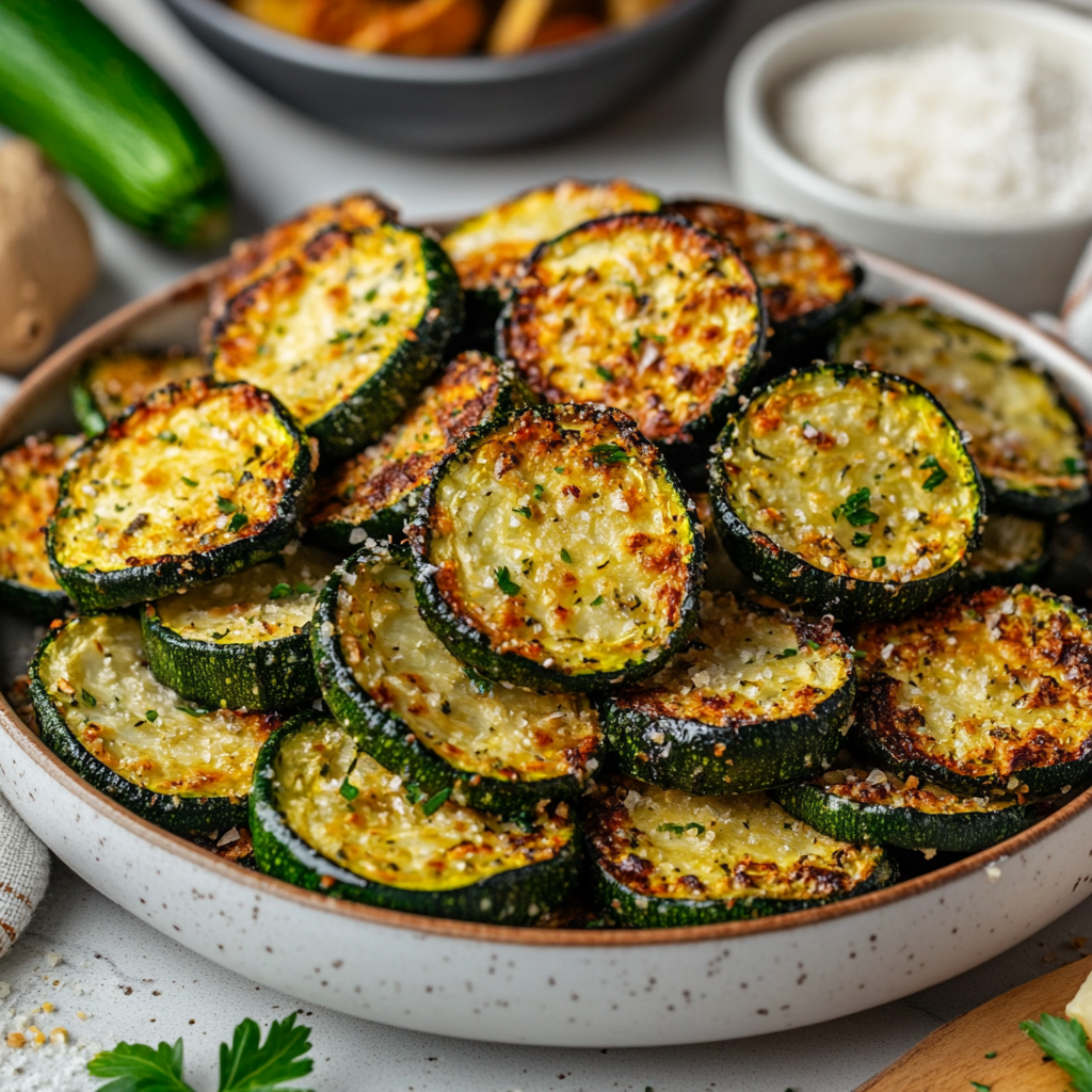 Recipe card for crispy air fryer zucchini