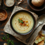 baked potato soup recipe card with ingredients and steps