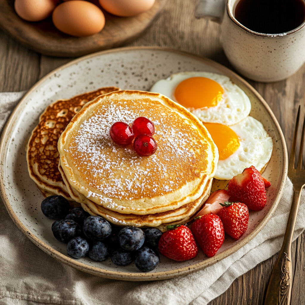 Millville Protein Pancakes mix served with eggs and fruit