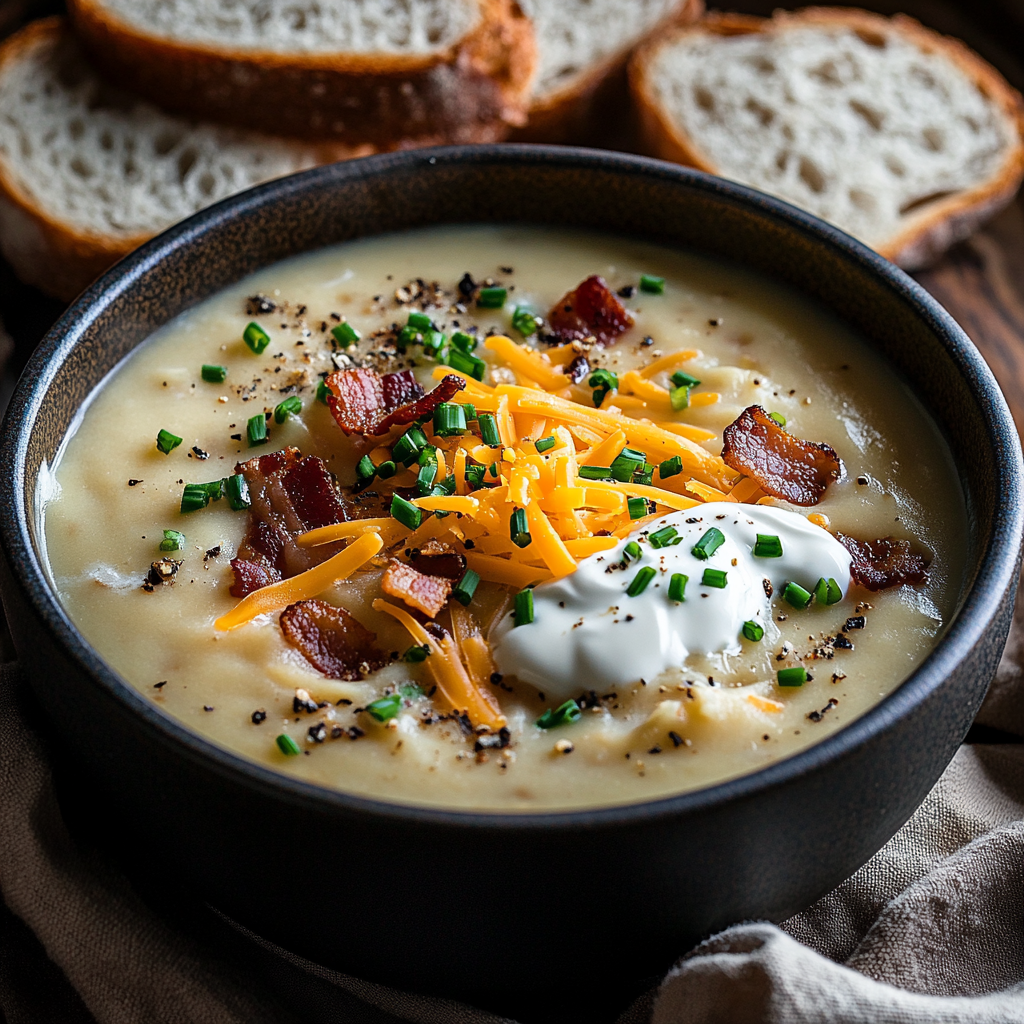 baked potato soup served hot with toppings
