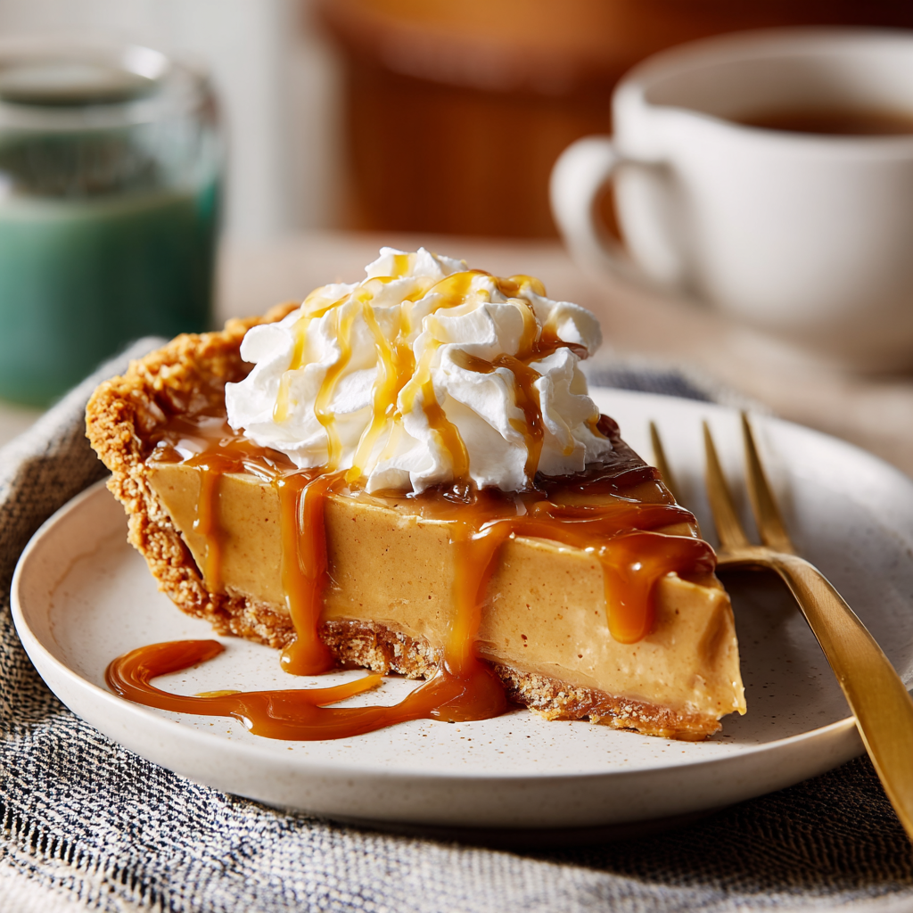 Slice of butterscotch pie with whipped topping