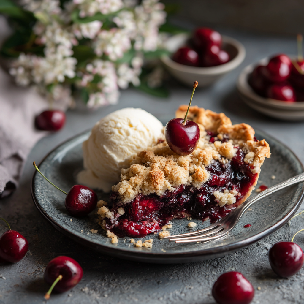 Slice of cherry crumb pie with vanilla ice cream on a dessert plate