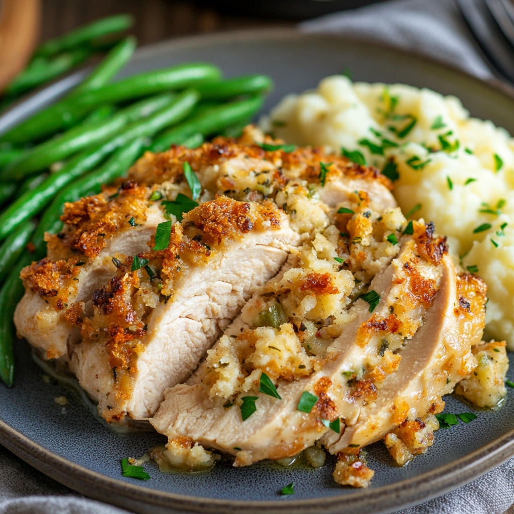 baked stuffed chicken breast plated with sides