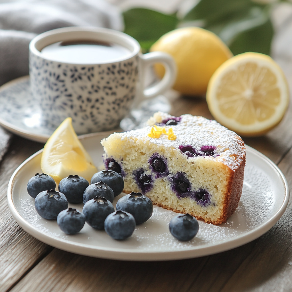 Sliced blueberry buttermilk cake served with coffee