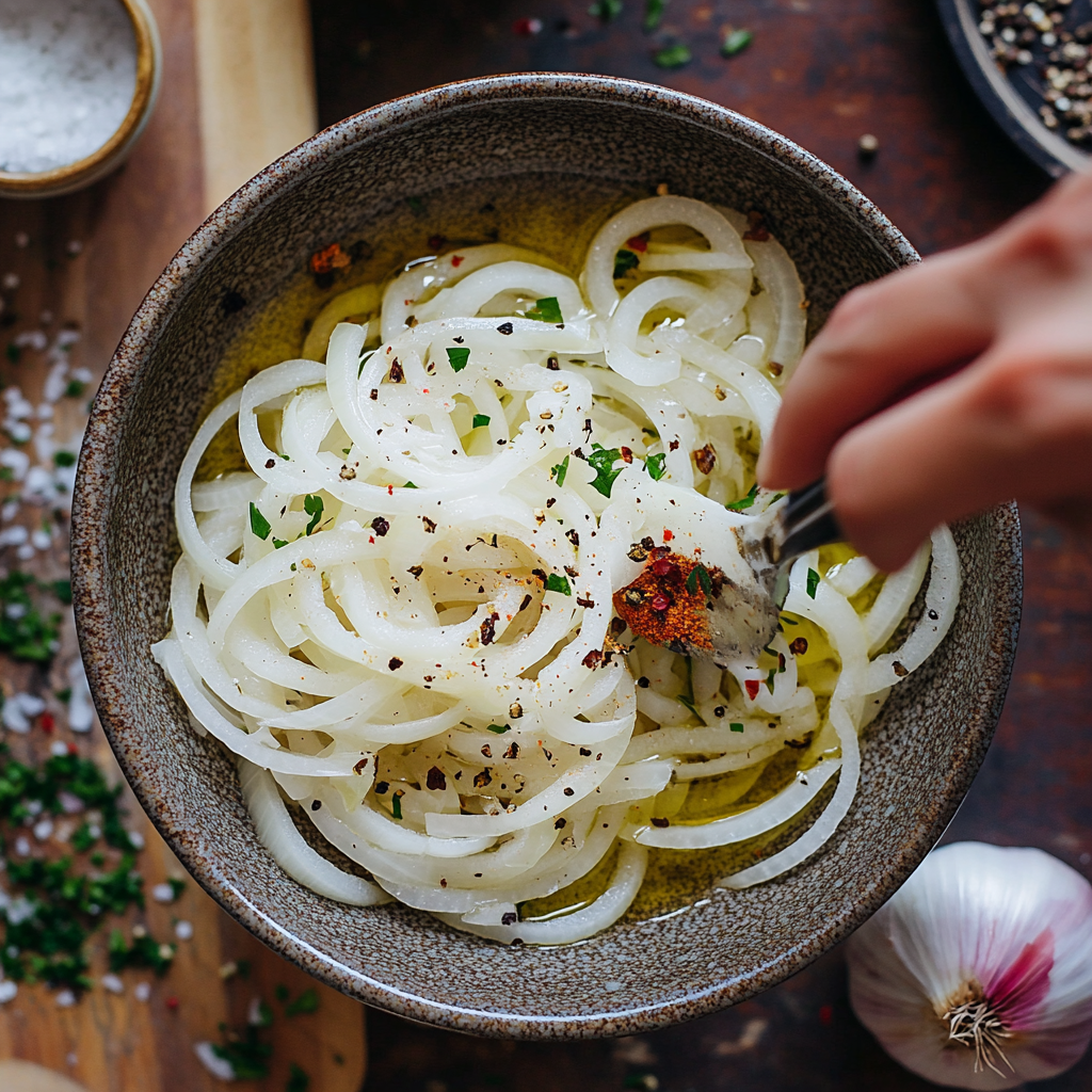 Tossing onions in seasoning