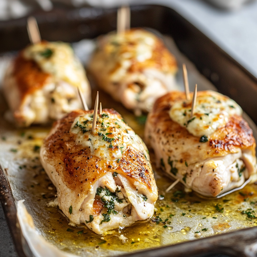 stuffed chicken breasts secured with toothpicks ready to bake