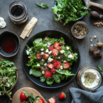 Recipe card for Strawberry Crunch Salad on a wooden table