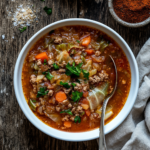 top view cabbage roll soup with ingredients