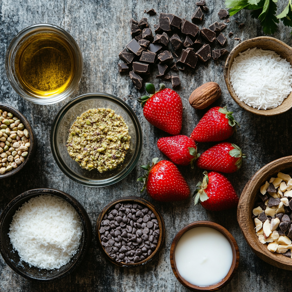 Dubai chocolate strawberries ingredients laid out