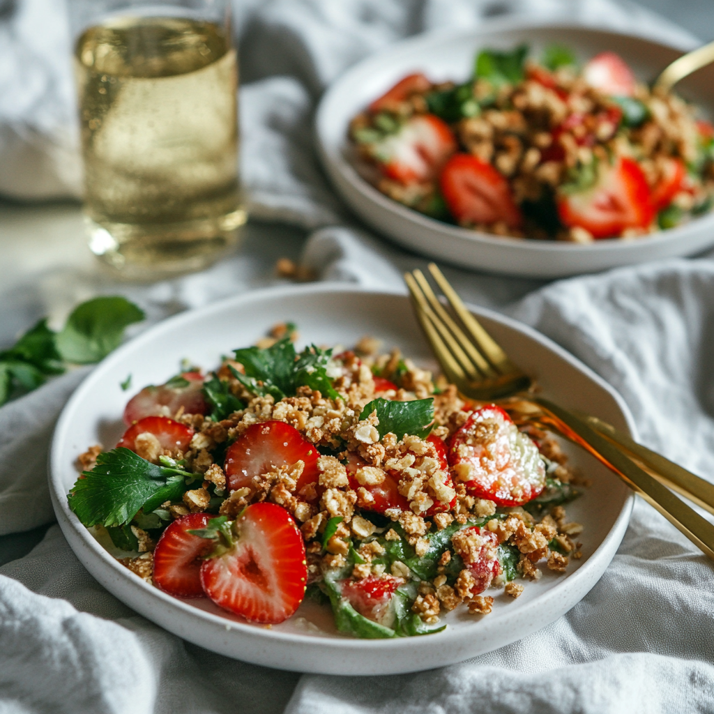 Served Strawberry Crunch Salad on white plates with champagne vinaigrette