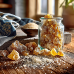 Homemade crystallized ginger in a glass jar