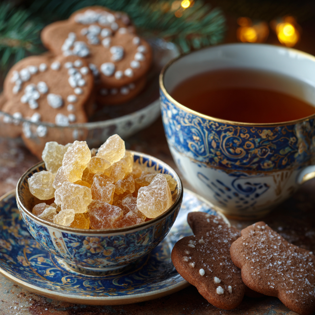 Bowl of crystallized ginger with tea