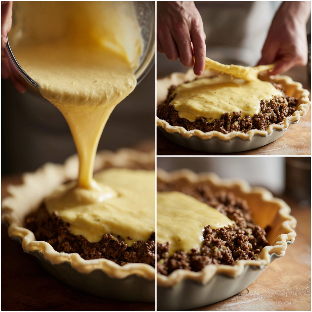 Pouring batter onto cheeseburger pie base