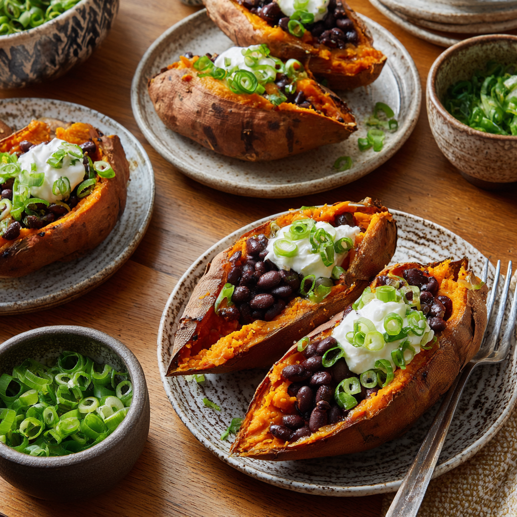 Oven‑cooked sweet potatoes served with toppings