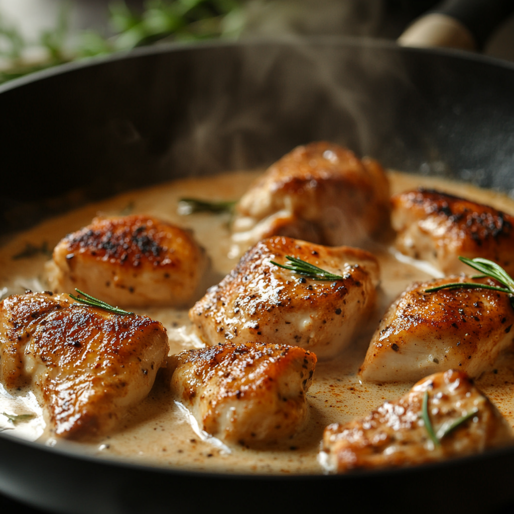 Chicken cooking in Cajun cream sauce inside a skillet