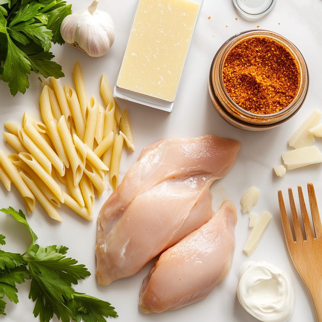 Cajun chicken pasta ingredients displayed on marble counter
