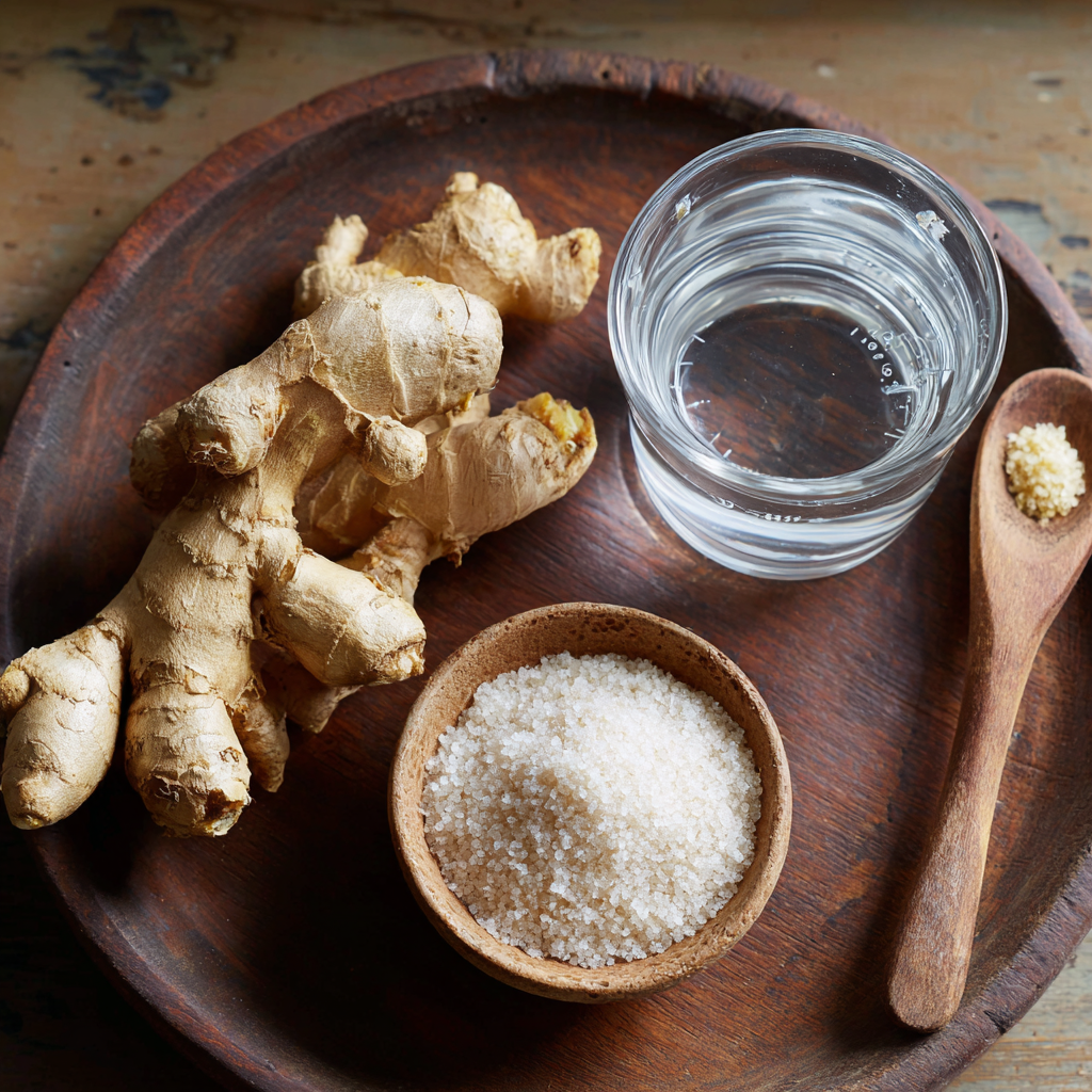 Ingredients for crystallized ginger on a wooden board