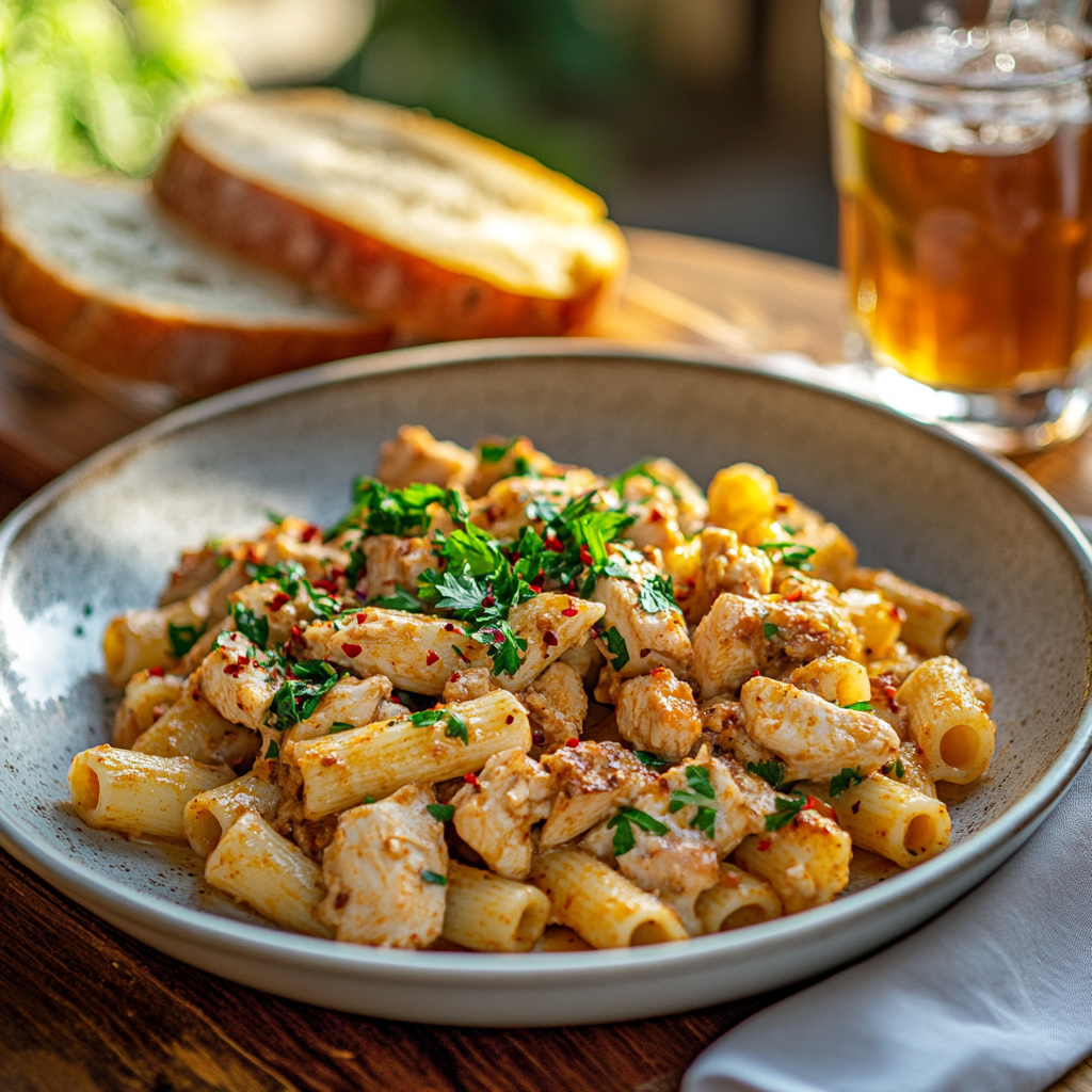 Cajun chicken pasta plated for dinner with parsley and bread