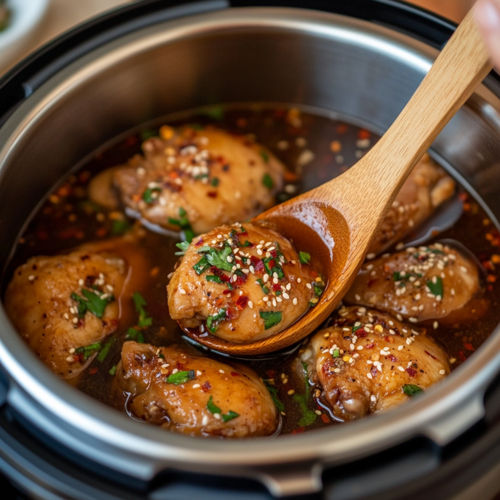 Adding broth and seasoning to Instant Pot chicken thighs