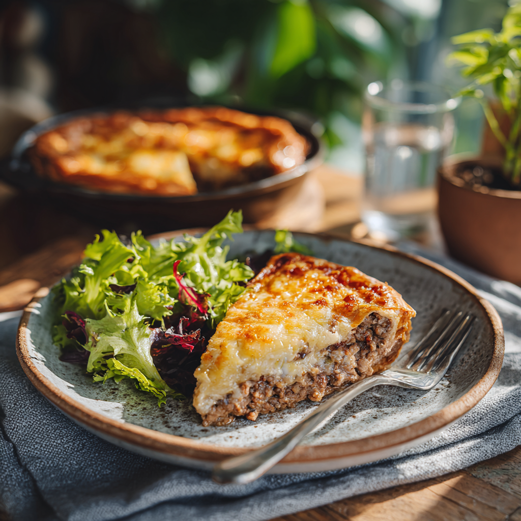 Cheeseburger pie slice with salad