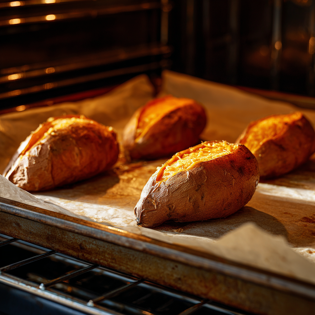 Sweet potatoes roasting in oven at 400°F